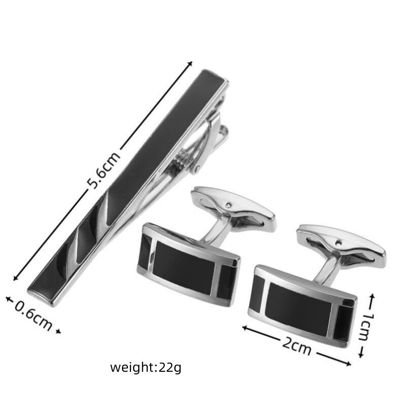 Set de gemelos y clip de corbata – Plata con rayas negras elegantes