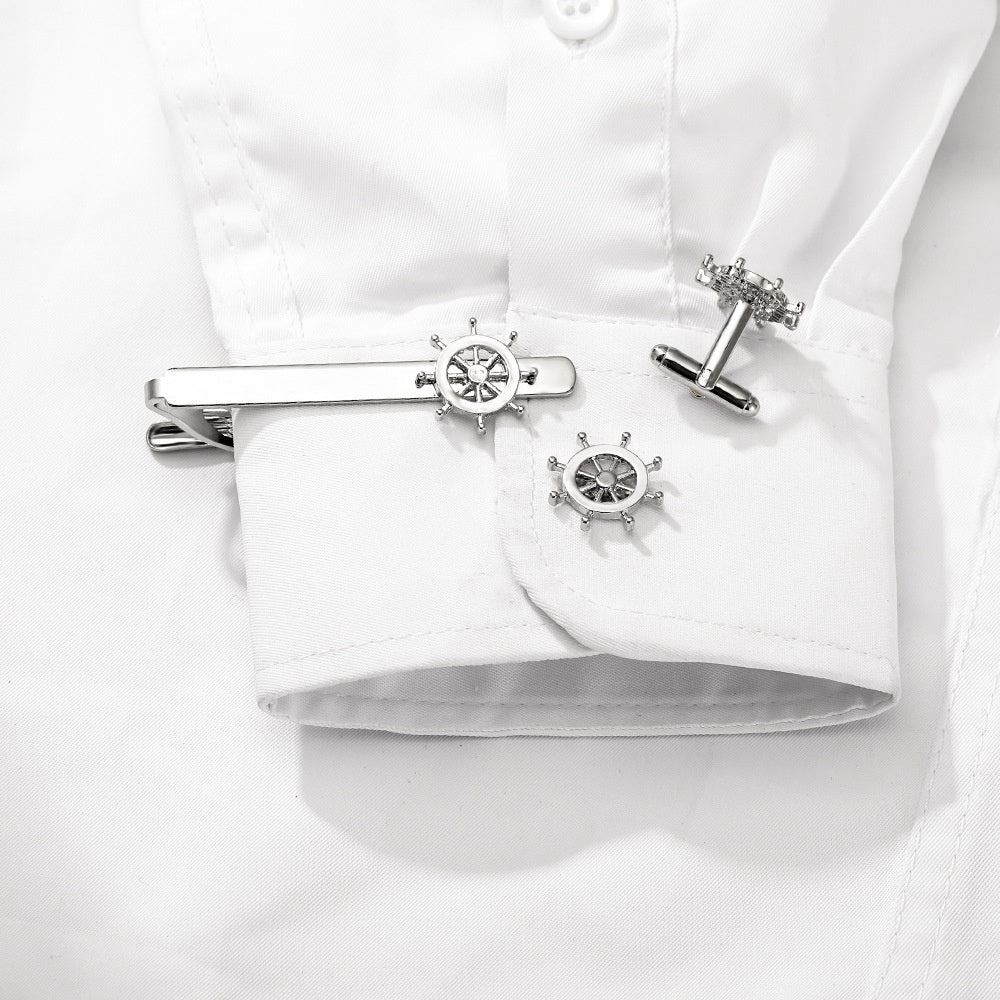 Set de gemelos y clip de corbata – Diseño timón náutico moderno y elegante