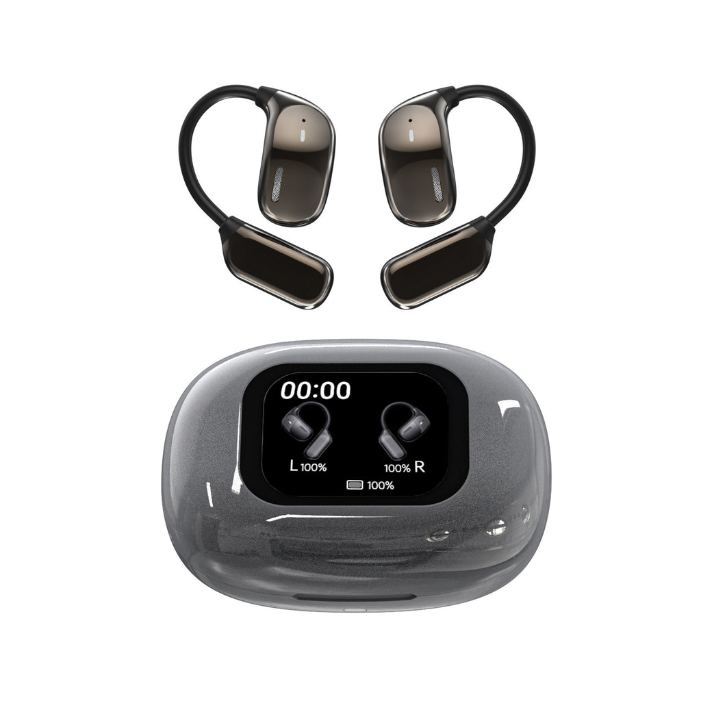 Auriculares deportivos inalámbricos con diseño ergonómico de gancho, pantalla táctil a color y estuche de carga con indicador LED.