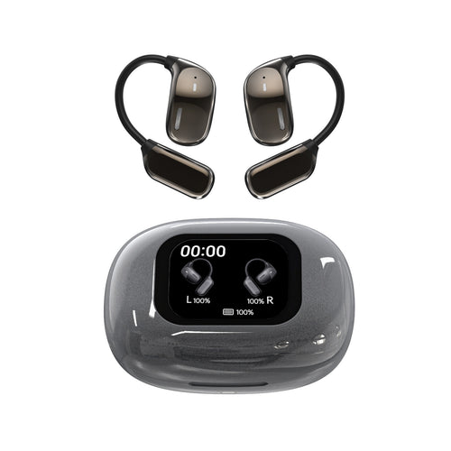 Auriculares deportivos inalámbricos con diseño ergonómico de gancho, pantalla táctil a color y estuche de carga con indicador LED.