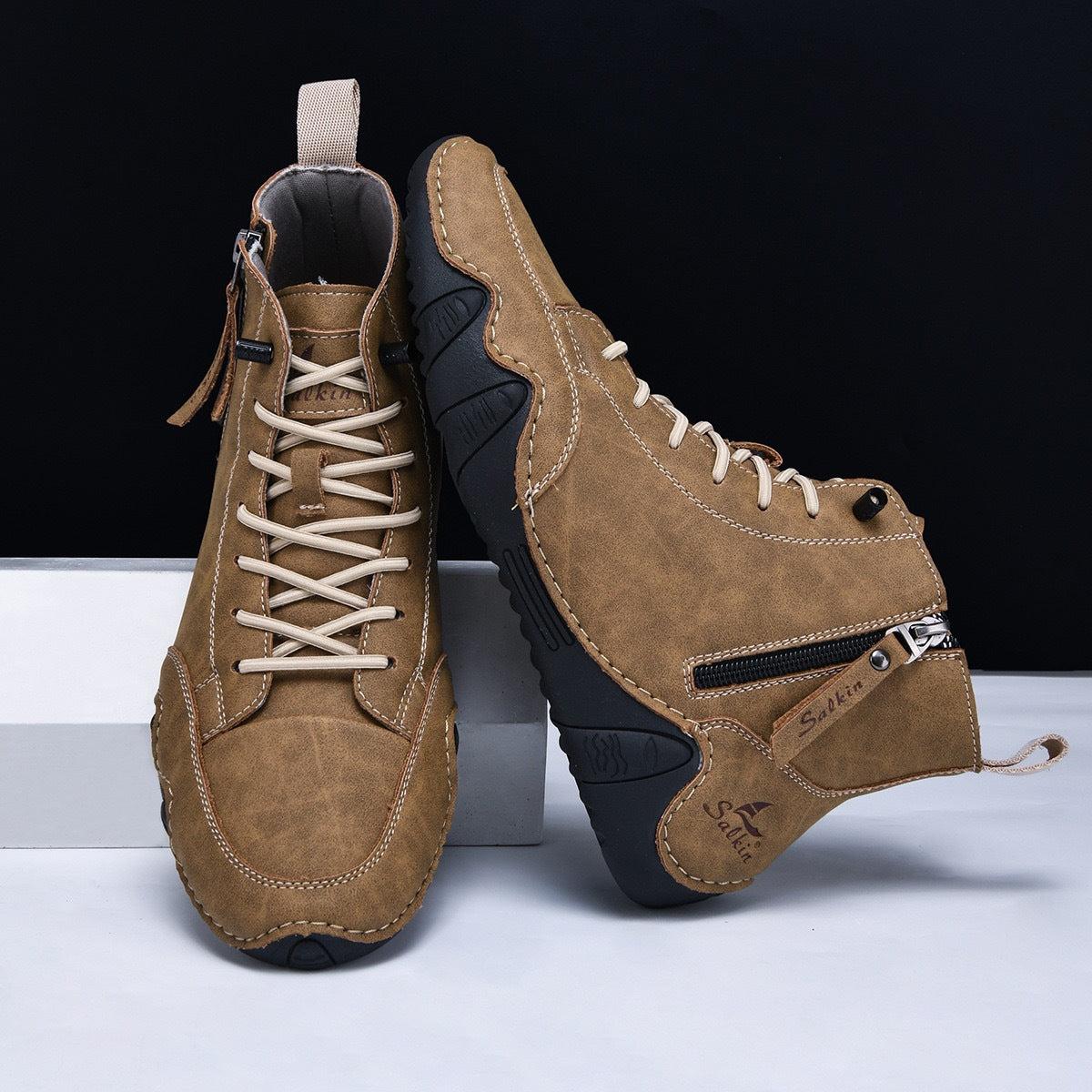 Botines altos de hombre en piel sintética — Estilo Martin artesanal con cremallera lateral