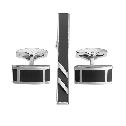 Set de gemelos y clip de corbata – Plata con rayas negras elegantes