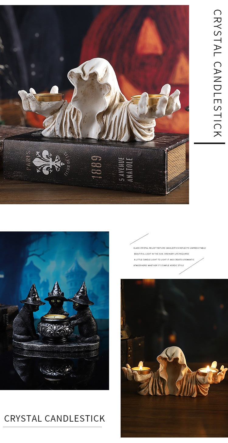 Candelabro Decorativo Gato Mágico – Adorno de Mesa en Resina para Halloween