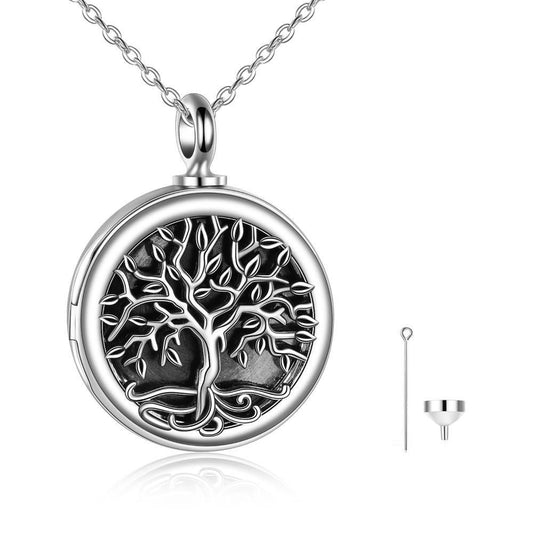 Collar relicario de plata 925 con diseño Árbol de la Vida, colgante con urna interior para cenizas y cadena ajustable de 45+5 cm.