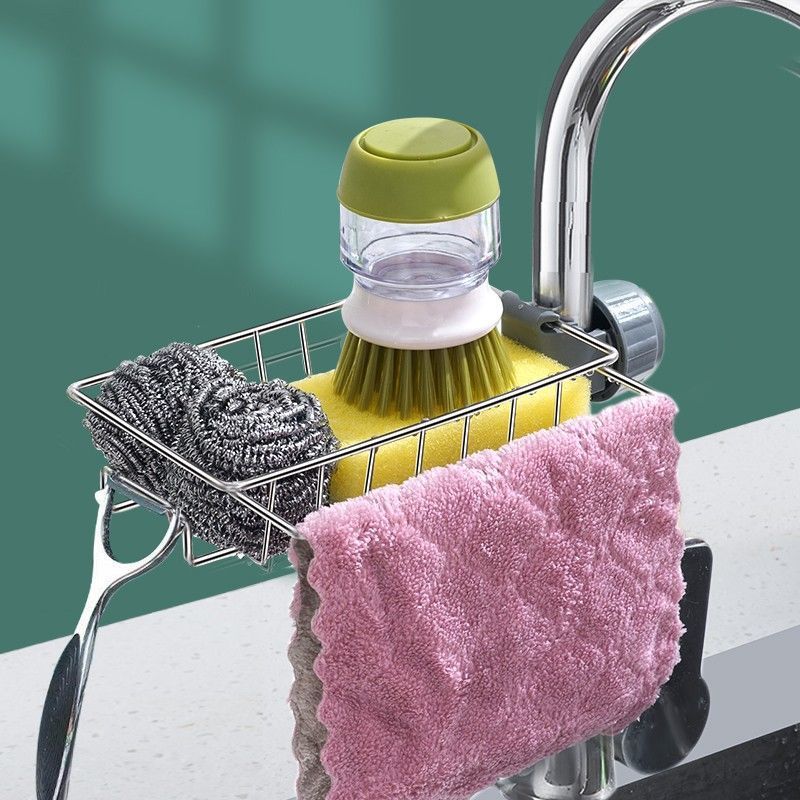 Organizador ajustable de fregadero en acero inoxidable y ABS para utensilios, esponjas y jabones.