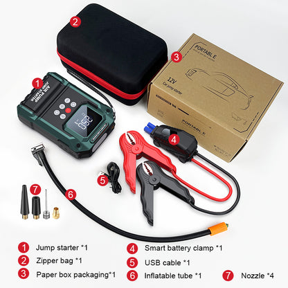 Inflador y arrancador de emergencia portátil S400 – Batería 21800 mAh con compresor y linterna LED