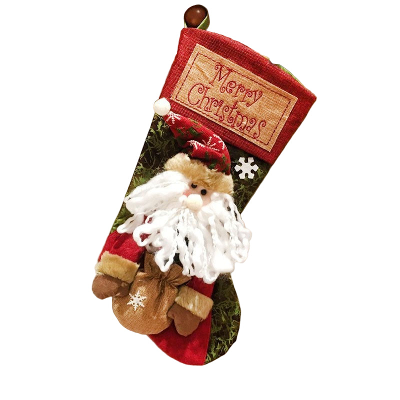 calcetín navideño decorativo 3D de arpillera y felpa con apliques artesanales y cinta para colgar multicolor