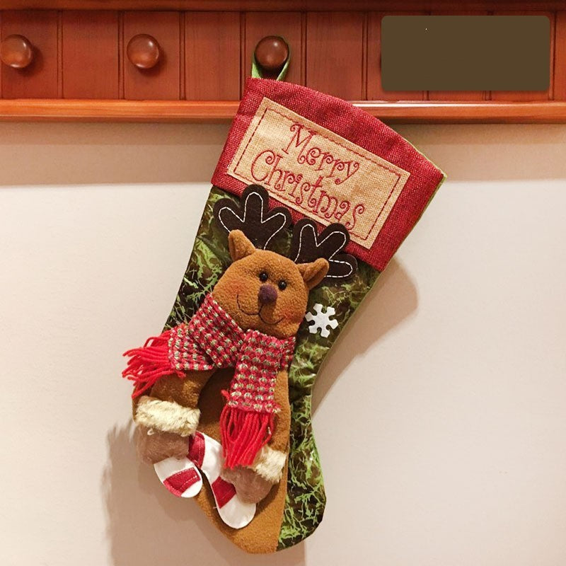 calcetín navideño decorativo 3D de arpillera y felpa con apliques artesanales y cinta para colgar multicolor