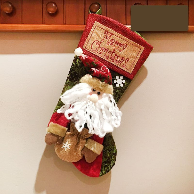 calcetín navideño decorativo 3D de arpillera y felpa con apliques artesanales y cinta para colgar multicolor