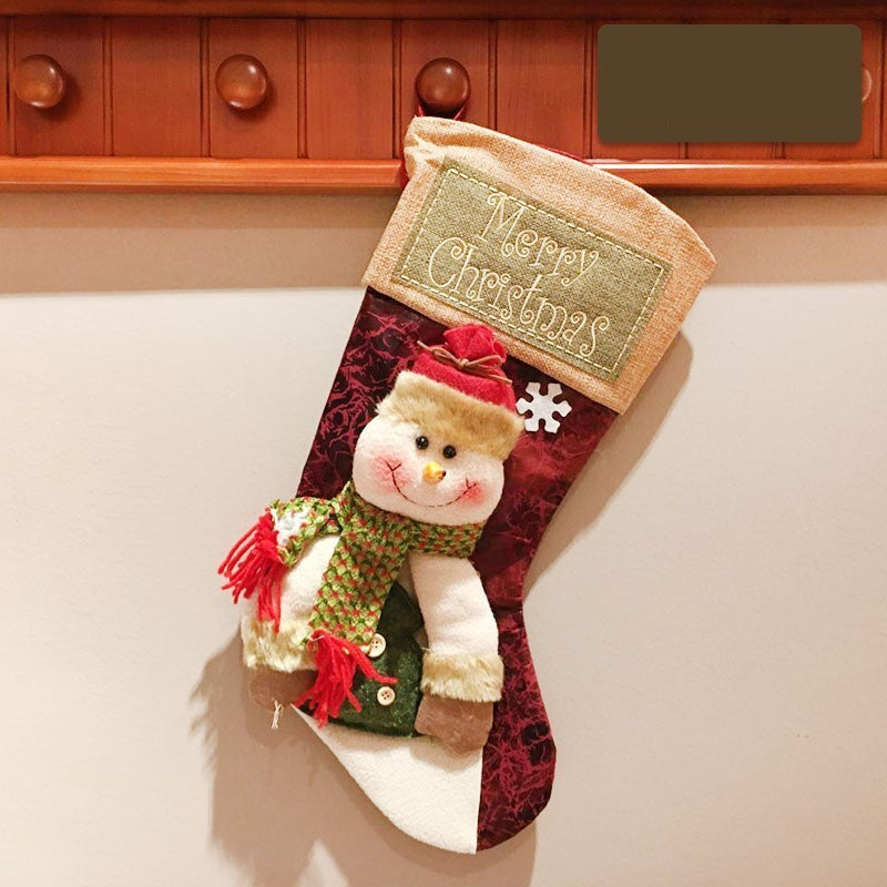 calcetín navideño decorativo 3D de arpillera y felpa con apliques artesanales y cinta para colgar multicolor
