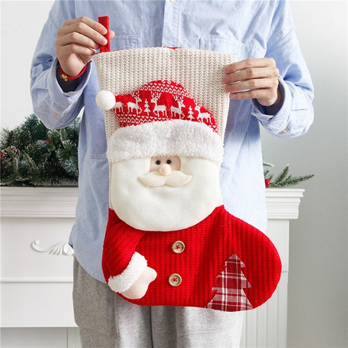 calcetín navideño grande de tela tejida y no tejida en rojo y blanco para decoración de chimeneas o árboles