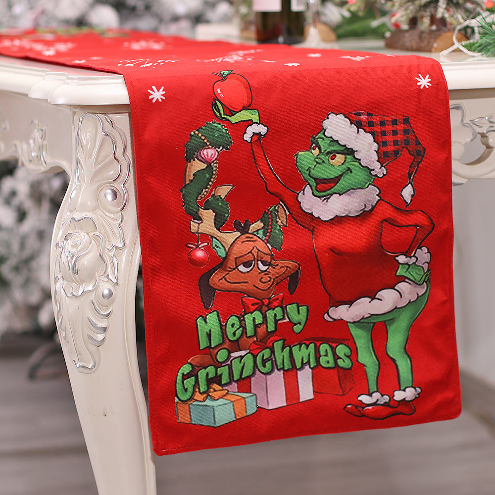 camino de mesa navideño del Grinch de 185x35 cm con tejido suave y diseño decorativo festivo, ideal para mesas de comedor y eventos navideños