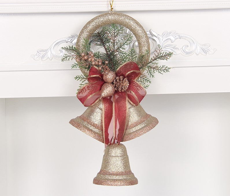 campana navideña decorativa de cartón perlado con diseño clásico para colgar en árbol, puertas o ventanas