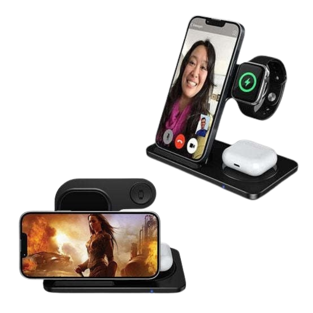 cargador inalámbrico 3 en 1 de carga rápida con doble bobina y puerto Type-C para móvil reloj y auriculares