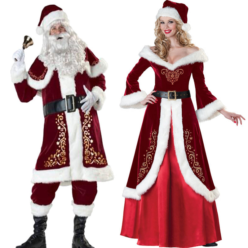 conjunto de disfraces navideños de Papá Noel y Mamá Noel en pana con peluca y barba para pareja adulto