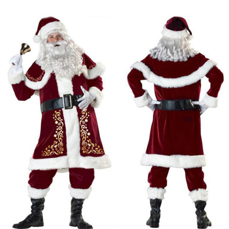conjunto de disfraces navideños de Papá Noel y Mamá Noel en pana con peluca y barba para pareja adulto