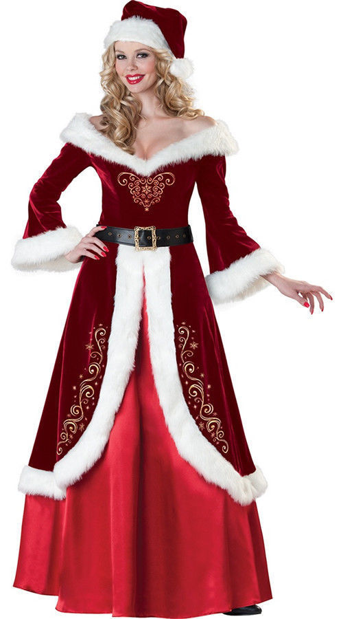conjunto de disfraces navideños de Papá Noel y Mamá Noel en pana con peluca y barba para pareja adulto