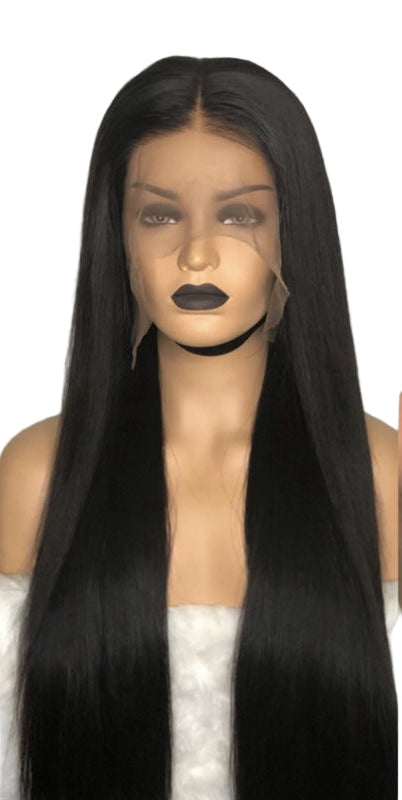 Peluca larga lisa de fibra resistente al calor con flequillo largo