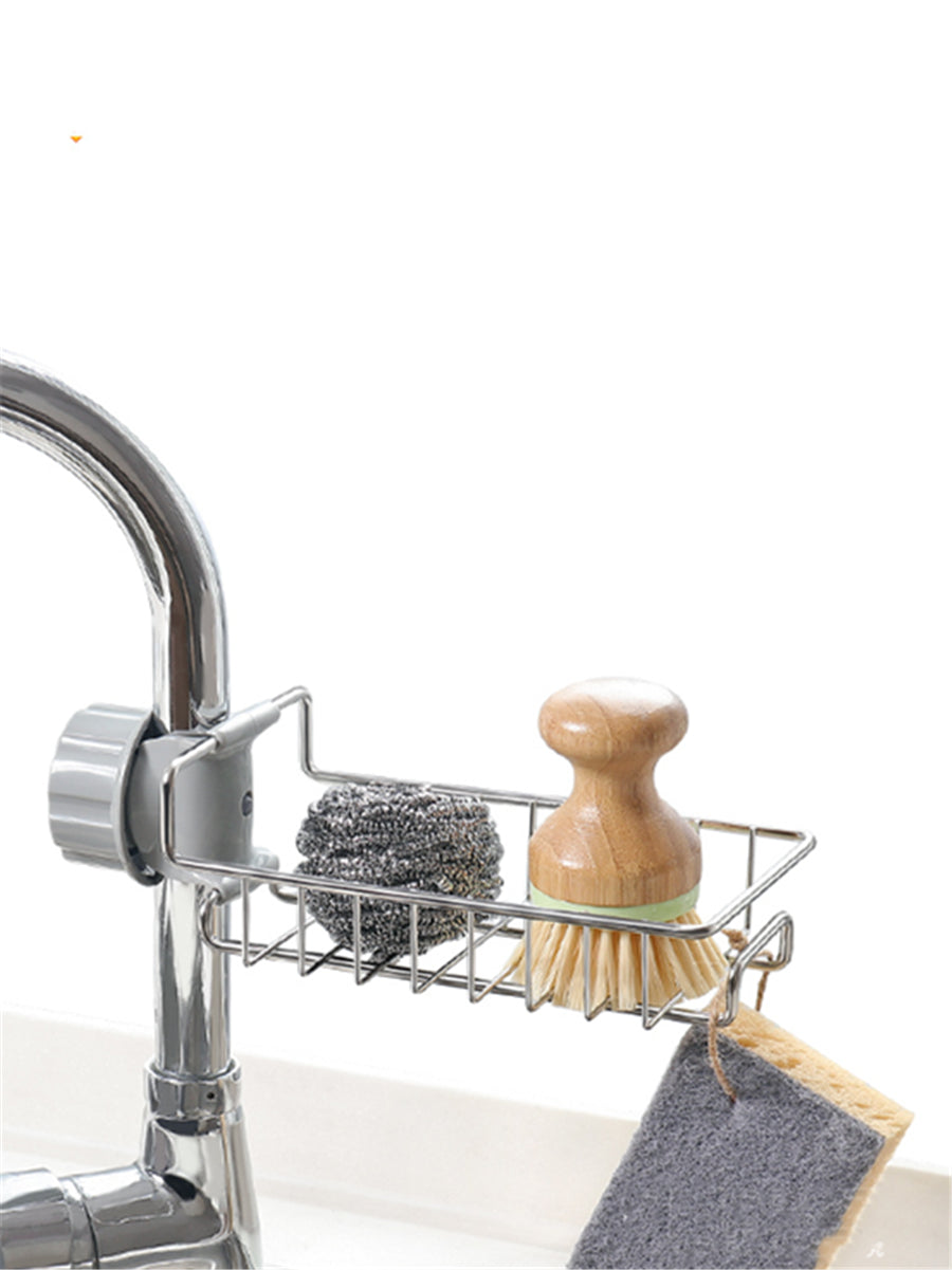 Organizador ajustable de fregadero en acero inoxidable y ABS para utensilios, esponjas y jabones.