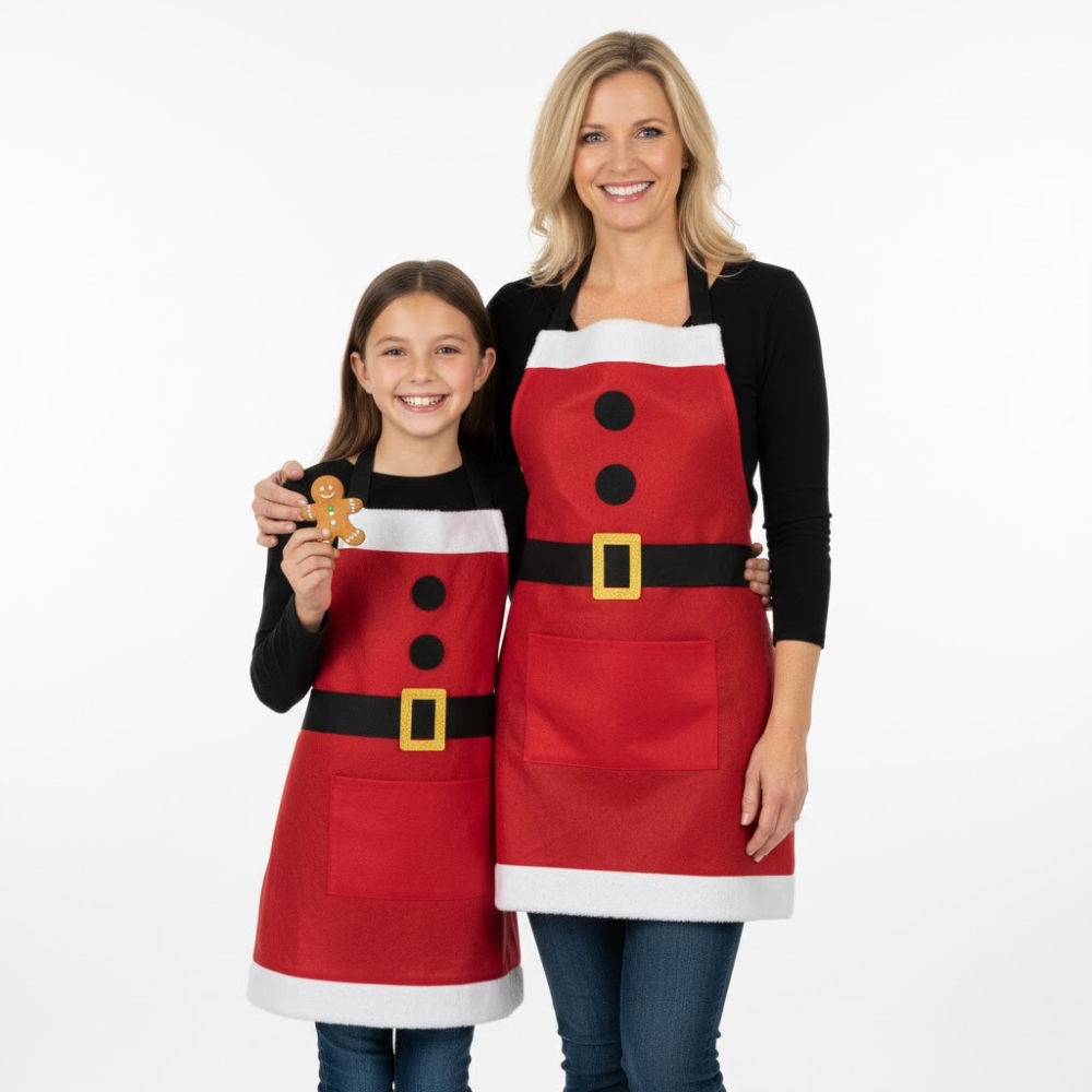 delantal navideño rojo de poliéster con estampado Merry Christmas disponible en talla adulto e infantil