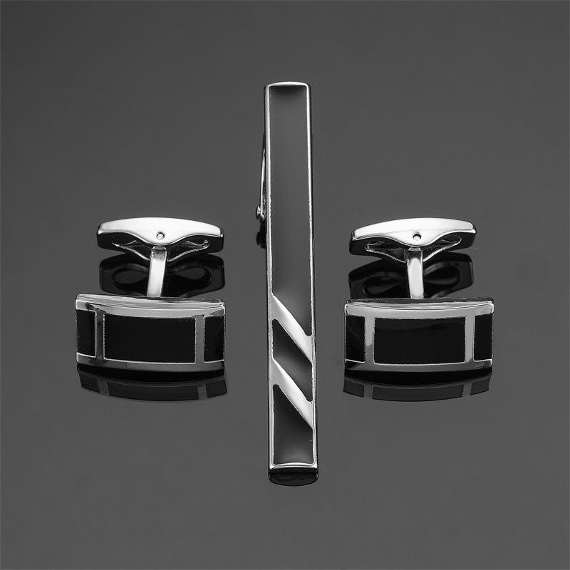 Set de gemelos y clip de corbata – Plata con rayas negras elegantes
