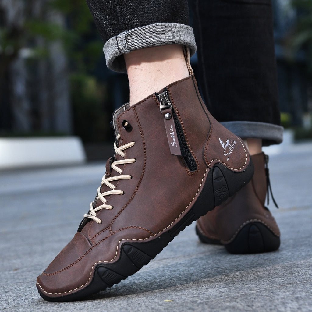 Botines altos de hombre en piel sintética — Estilo Martin artesanal con cremallera lateral