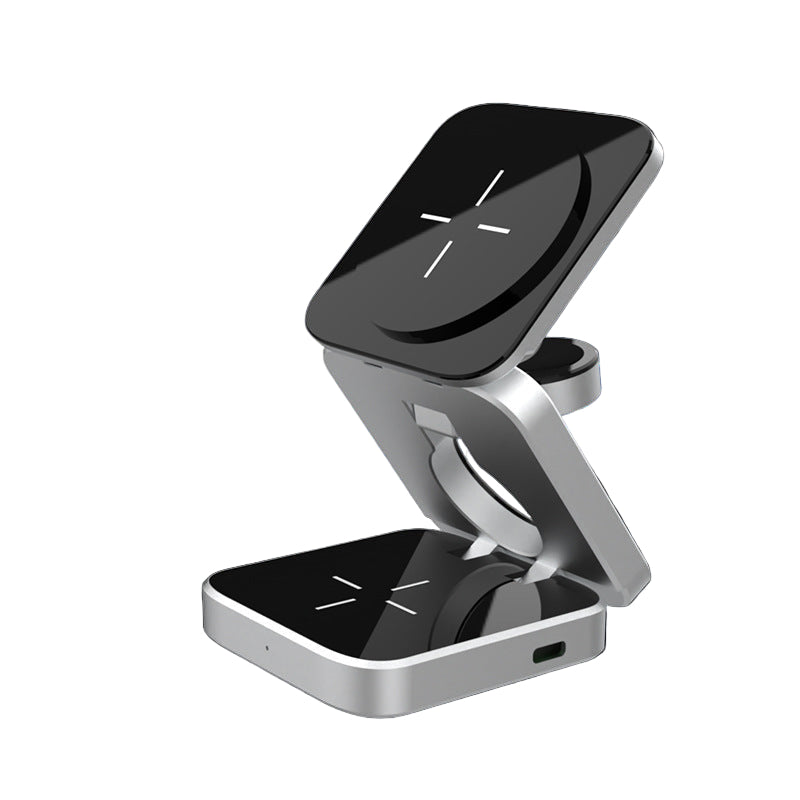 estación de carga inalámbrica 3 en 1 plegable con base magnética y puerto USB-C para smartphone reloj y auriculares