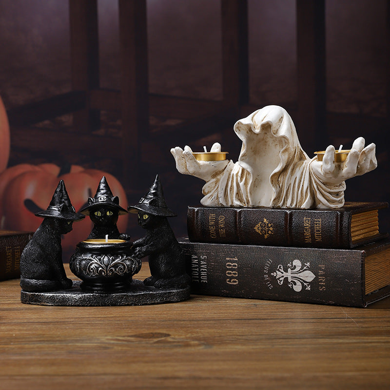 Candelabro Decorativo Gato Mágico – Adorno de Mesa en Resina para Halloween