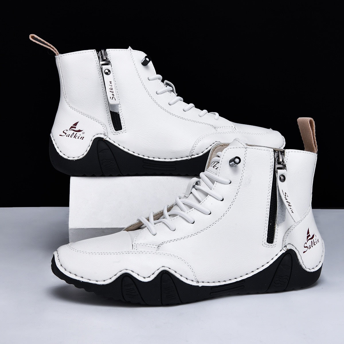 Botines altos de hombre en piel sintética — Estilo Martin artesanal con cremallera lateral