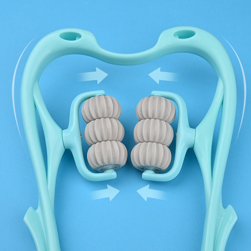 Masajeador cervical manual de 6 ruedas — Rodillo ergonómico con gua sha de jade natural