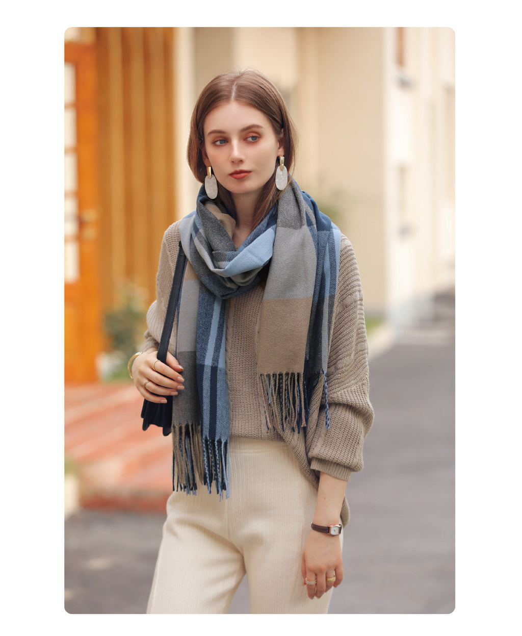 Bufanda de invierno para mujer de imitación cashmere con textura gruesa, diseño largo con flecos y tejido suave para mantener el calor.