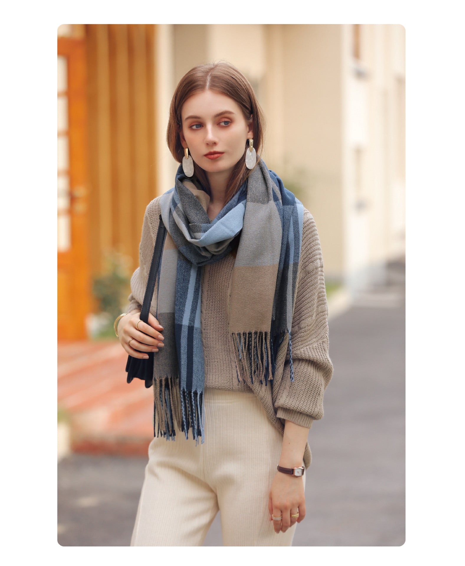 Bufanda de invierno para mujer de imitación cashmere con textura gruesa, diseño largo con flecos y tejido suave para mantener el calor.
