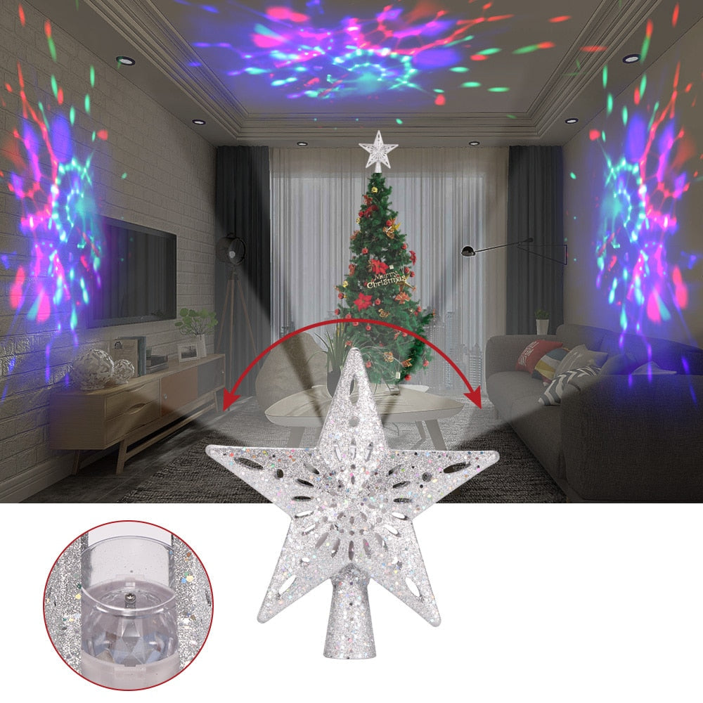 proyector LED en forma de estrella plateada para la punta del árbol con efecto nevada o muñeco de nieve
