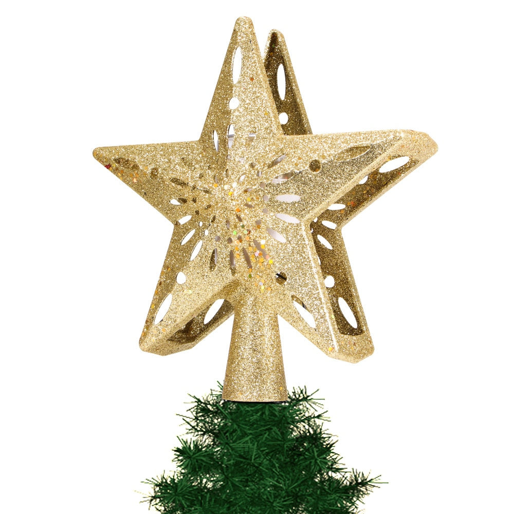 proyector LED en forma de estrella plateada para la punta del árbol con efecto nevada o muñeco de nieve