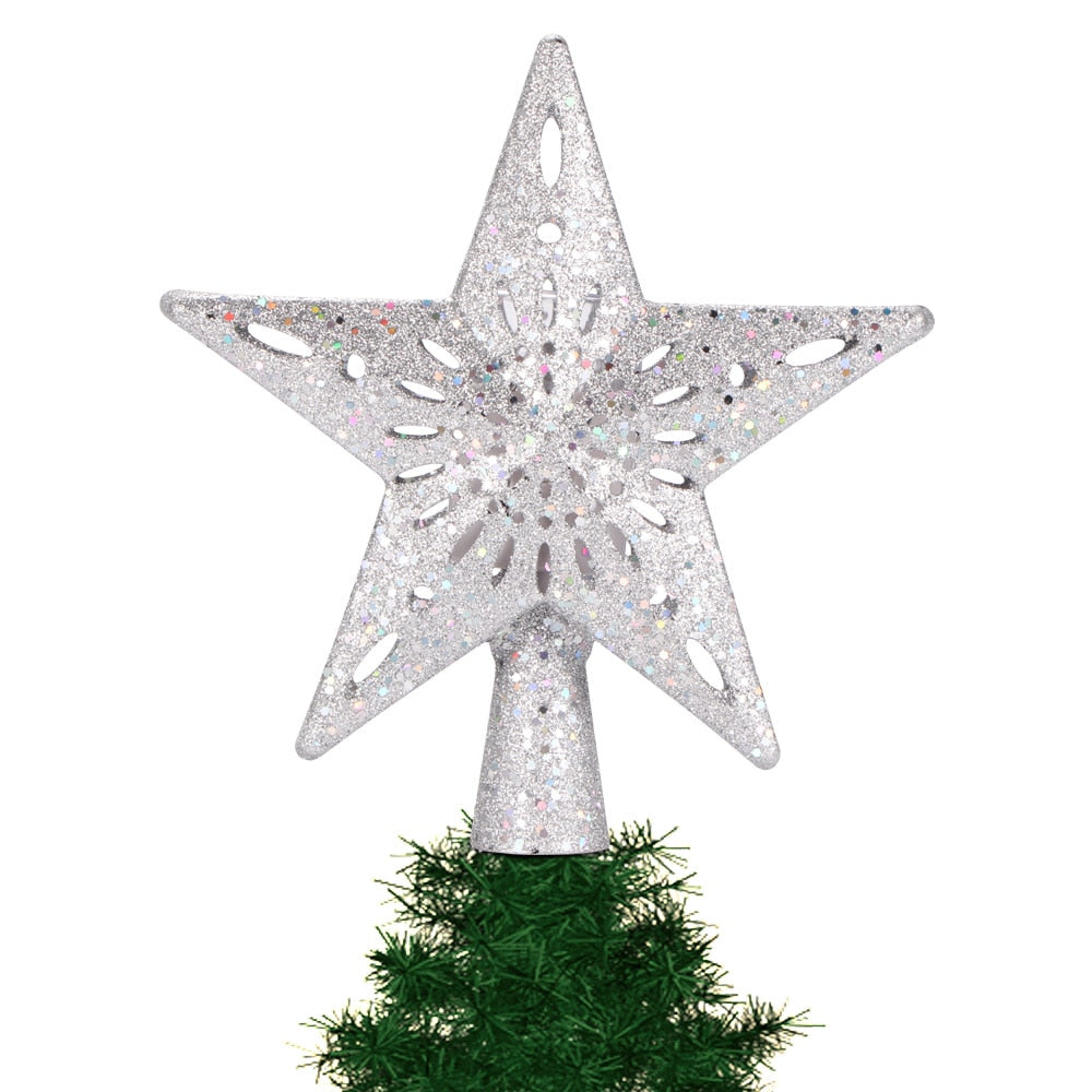 proyector LED en forma de estrella plateada para la punta del árbol con efecto nevada o muñeco de nieve